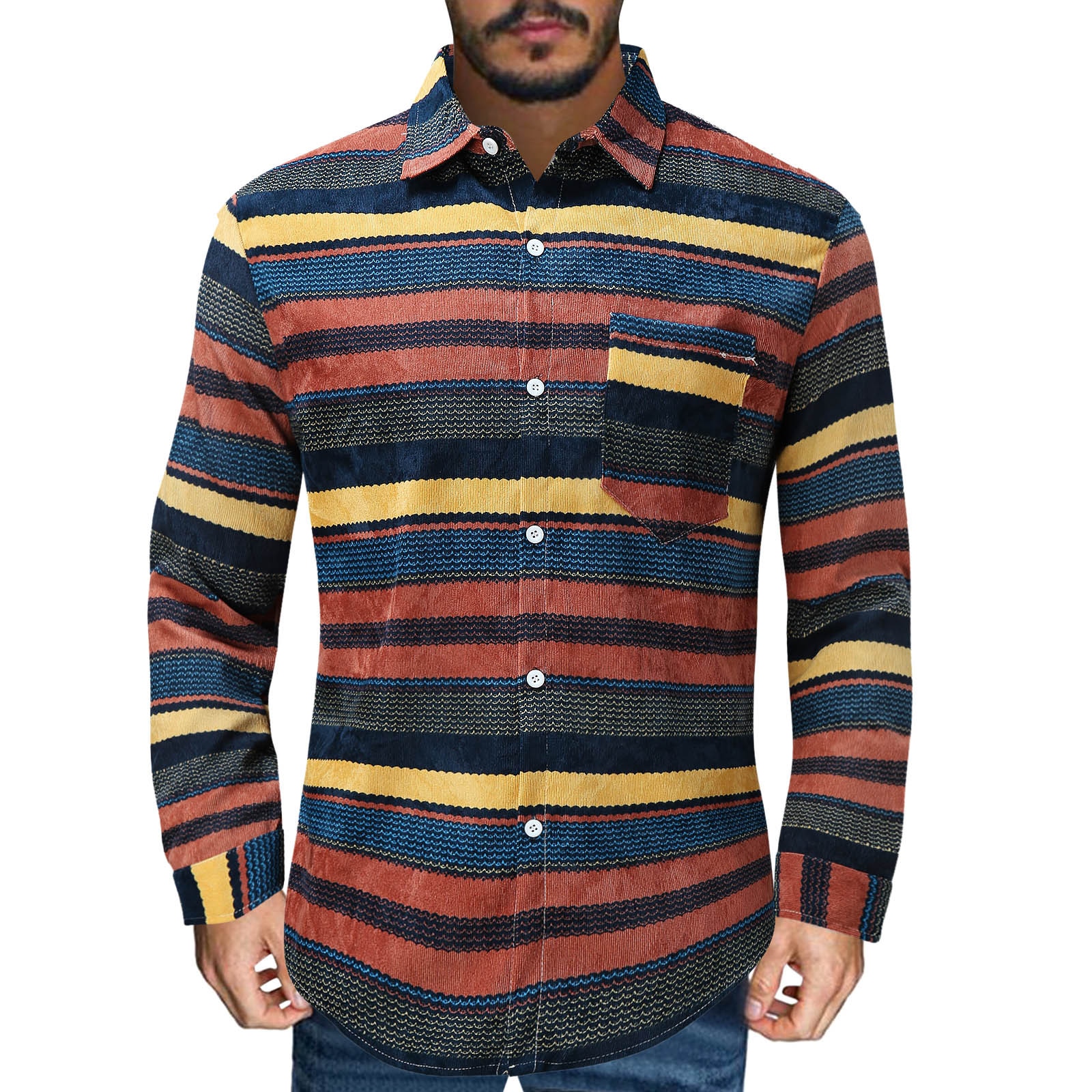 남성 민족 셔츠 코듀로이 긴 소매 턴 다운 칼라 셔츠 Blosue 패션 인쇄 특대 줄무늬 셔츠 남성 의류